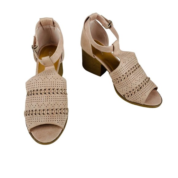 Qupid Boho Ankle Strap Open Toe Chunky Heels Pink Beige Sandals 9 - Picture 1 of 9